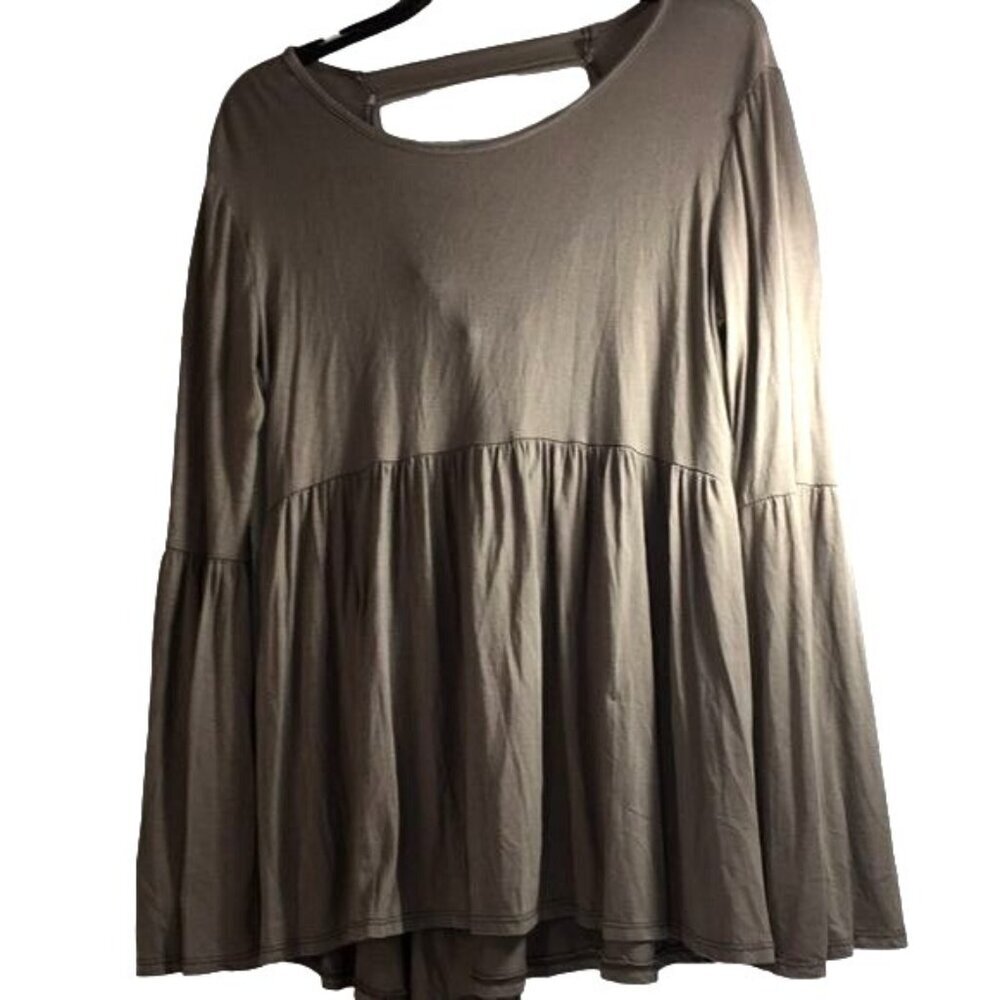 My LAnd Womens Top Hi/Lo Bell Sleeves Brown Taupe Stretchy Size Large